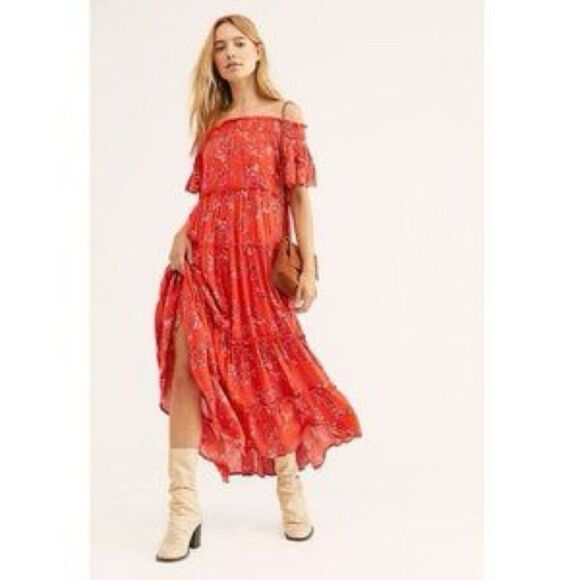 Free People Barclay Off the Shoulder Tiered Floral Print Ruffle Maxi Dress Sz M - Picture 2 of 14